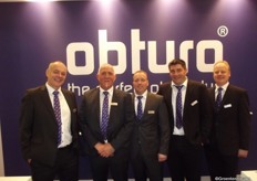 "Gerard van Dieën, Dick Verweij, Raymond van Ispelen, André Braam and Thomas Loy of Van der Knaap in front of the Obturo-banner. Dick: "Obturo is a plant plug that can be composed entirely according to your own wishes."